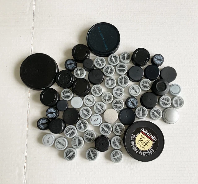 Lote de 60 tapas de botellas de plástico limpio negras plateadas grises tapas artesanías proyectos