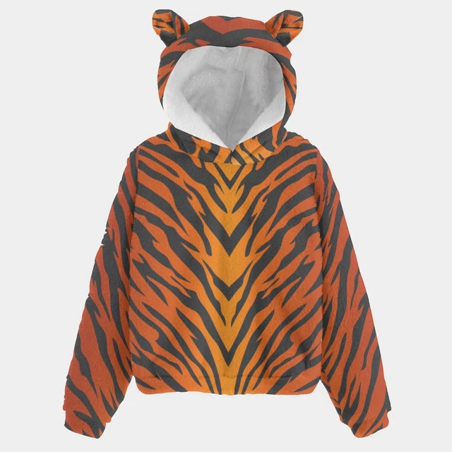 Tiger Print Kid’s Borg Fleece Hoodie with Ears