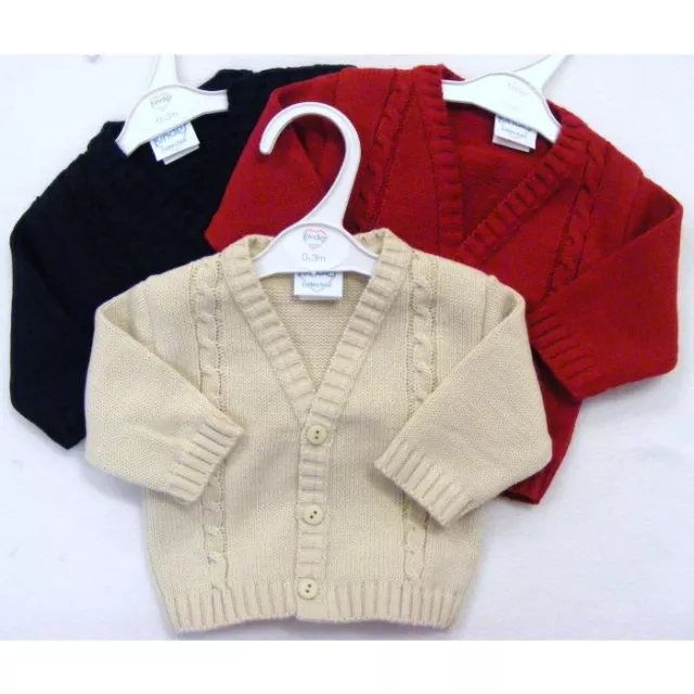 New Boys Knitted Cable Cardigan Kinder Pram Coat 0 - 24 M Red Biscuit Navy