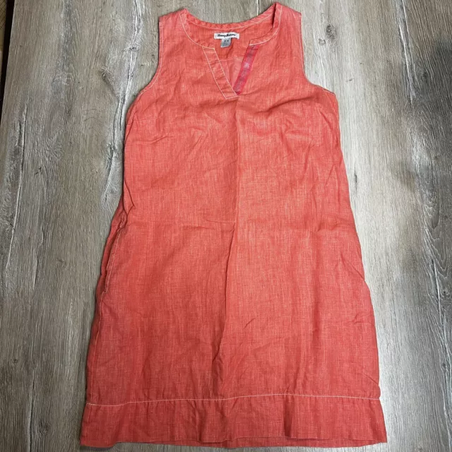 Tommy Bahama Sea Grass 100% Linen Shift Dress V Neck Lined Pockets Orange Med