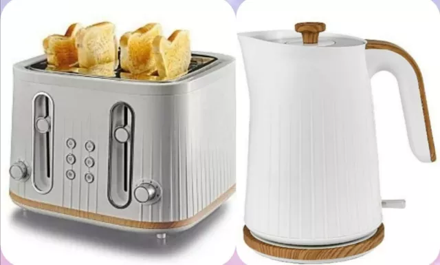 New Wood Efect White Shade 4 Slice Bread Toaster & Kettle Set Stainless Steel 😍