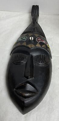 Vintage Handcrafted in Ghana Hanging Wooden Beaded African Tribal Mask 17" Long