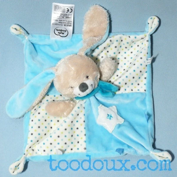 - Doudou Plat Carré Lapin Bleu Beige Blanc Etoiles Mots d'Enfants