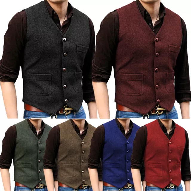 Retro Mens Vintage Tweed Waistcoats V-Neck Herringbone Vest Slim Fit XS-3XL