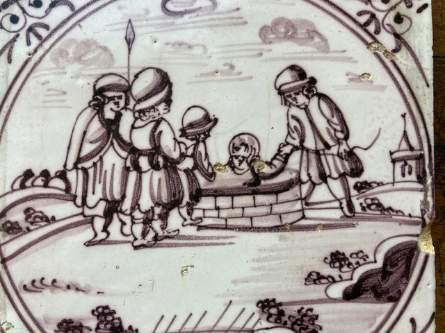 ANTIQUE 17th CENTURY DUTCH DELFT TILE Religious Theme Old Back CRACKLED Glaze 2