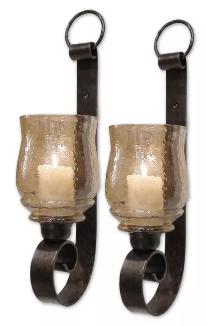 Romantic Classic Bronze Scroll Amber Wall Candle Sconce Set 2 Amber Glass Pillar
