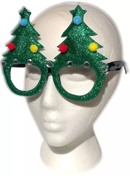 Funny GREEN CHRISTMAS TREE GLASSES Adult Eye Glitter Black Nerd Joke Costume Gag