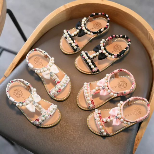 Summer Toddler Infant Kids Baby Girls Bowknot Pearl Princess Thong Sandals Shoes