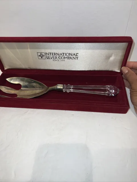 INTERNATIONAL SILVER SILVERPLATE SERVING FORK W/GLASS HANDLE Used With Box