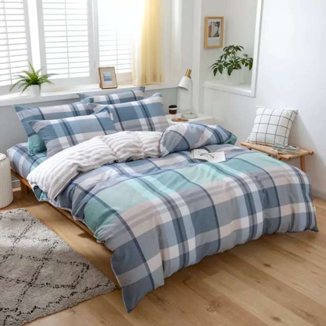 100%Cotton Checked Quilt Duvet Doona Cover Set Single Double Queen King Size Bed