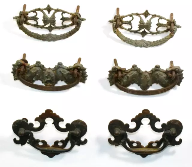 Antique Cabinet Dresser Armoire Ornate Brass Drawer Pull Salvage 3 Pairs/6 Piece