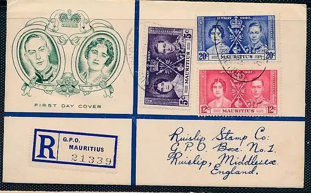 MAURITIUS 1937 KGVI  Coronation CACHET CV Sc 208-10-TO UK