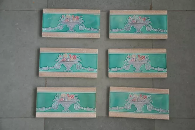 6Pc Vintage Majolica Flower Basket Art Nouveau Architecture Tiles,Japan 2