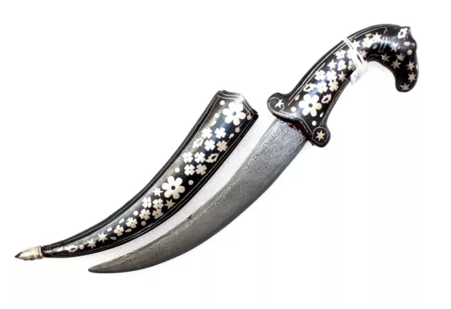 Dagger Knife Damascus Steel Blade Silver Koftgari Work Sheath Camel Handle G769
