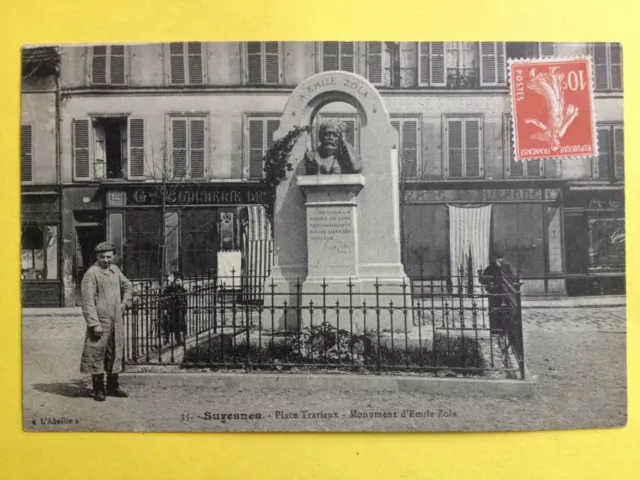 cpa SURESNES Hts de Seine Place TRIARIEUX MONUMENT d'Emile ZOLA Grande Butcherie
