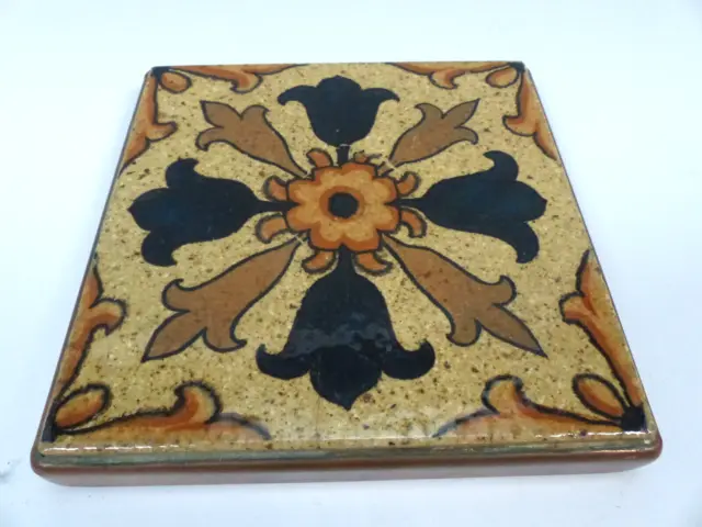 Antique or Vintage Arts & Crafts Pottery Ceramic Tile Trivet with Copper Frame