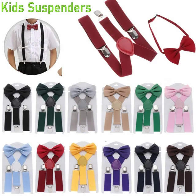 Set Solid Color Kids Suspenders Cow Tie Belts Elastic Braces Printed Bow Tie