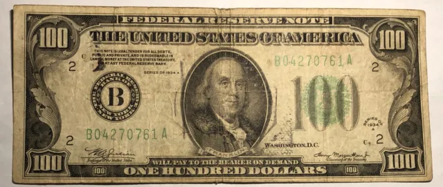 1934A green seal $100 bill. Federal Reserve Note B New York Fine FR-2153B #17