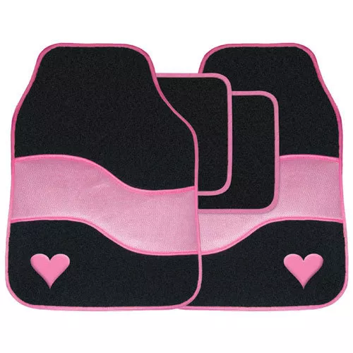 Quality Beautiful Pink & Black Velour Love Heart Interior Carpet Car Floor Mats