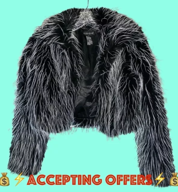 💰⚡️👍🏻 OFFERS⚡️💰Y2K bebe WHITE BLACK faux fur CHUBBY cropped JACKET coat XS