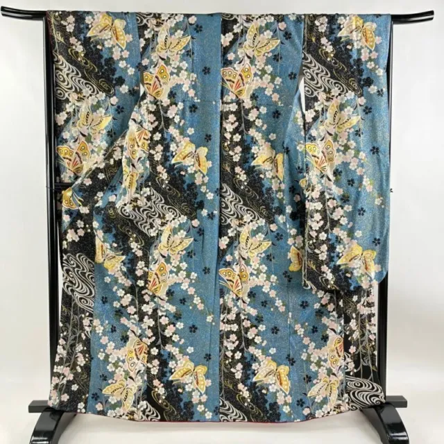 Woman Japanese Kimono Furisode Silk Butterfly Cherry Blossom Gold Lame Blue Gray
