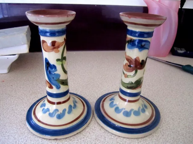 ALLER VALE Pottery Torquay  PAIR of N1 Candle Sticks Mottos 18 cm