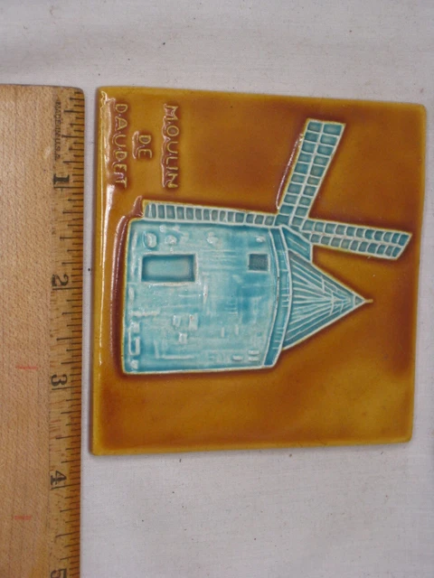 vintage MOULIN DE DAUDET glazed ceramic or porcelain tile windmill detail 2