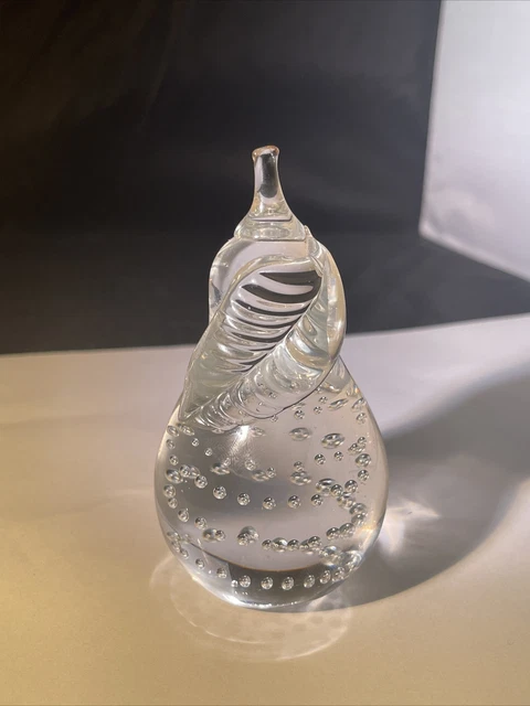 Vintage Crystal Clear Art Glass Pear Paperweight, Bullicante Bubbles