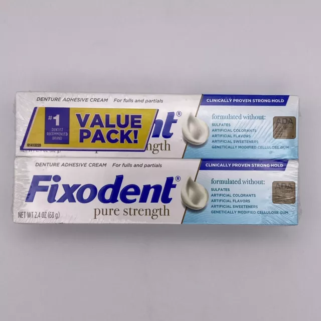 Crema adhesiva dental segura de fuerza pura Fixodent para completo/parcial - 2 tubos