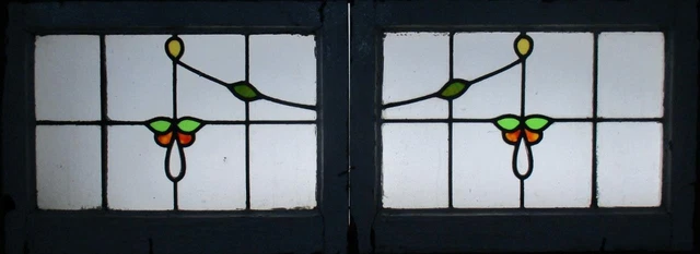 PAIR OF OLD ENGLISH STAINED GLASS WINDOWS Simple Floral 25.5" x 18.75" 2