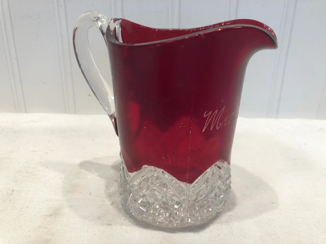 Vintage RUBY FLASH Glass Creamer Pitcher MRS LILE 1906 eapg