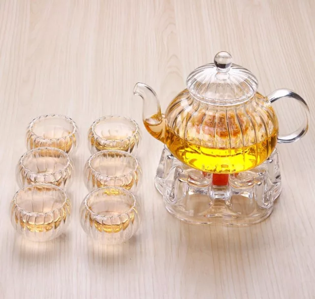 8 Piece Glass Tea Set 600ml Pumpkin Teapot With Infuser + Teapot Warmer + 6 Cup