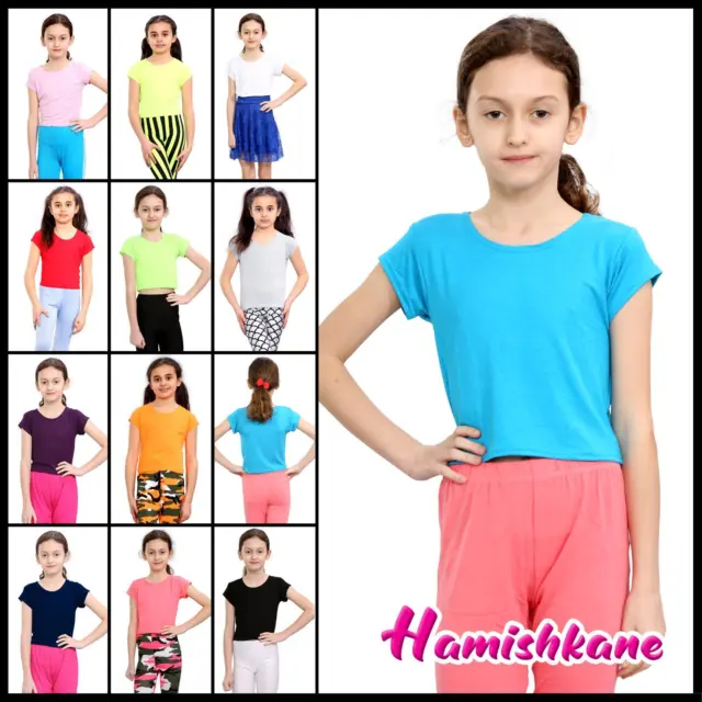 New Girls Kids Short Sleeve Plain Crop Top Stretch Summer Tee T-Shirt 3-13 Years