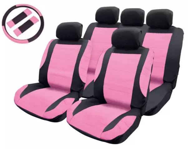 Pink Seat Cover Leather Look Black Set Seatbelt Steering Wheel Pads Car Racing