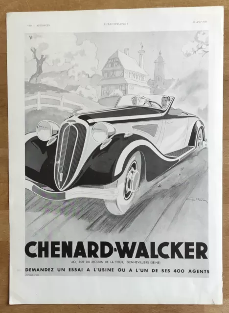 Publicité de presse 1936 Automobile CHENARD-WALCKER par GEO HAM & Feutres TIRARD
