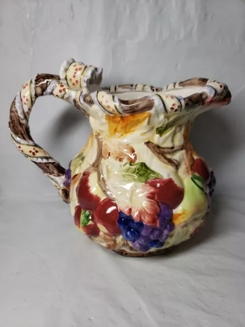 Hand Painted Ceramic Fruit Pitcher Garden Motif Grapes And Apples And Bows