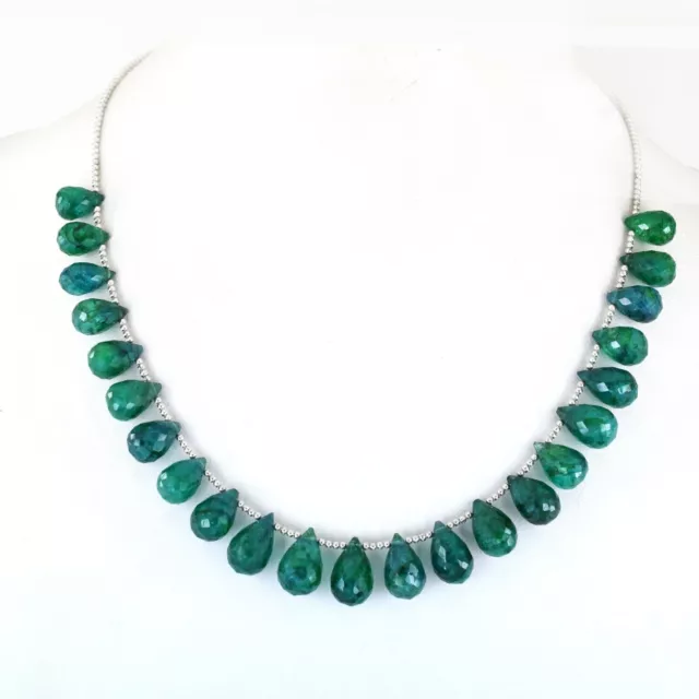 Designer Emerald Gemstone Briolite Beads Necklace With 925 Silver Findings