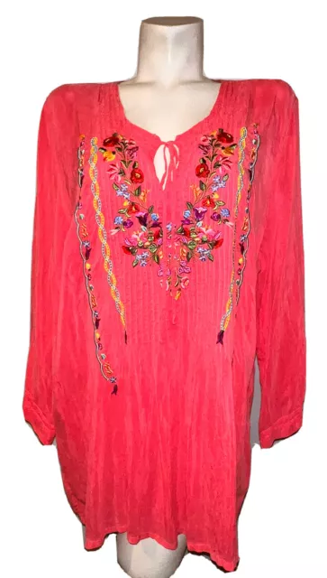 JOHNNY WAS Top Size 1X Bright Pink Bohemian Embroidered Floral LS Peasant Tunic