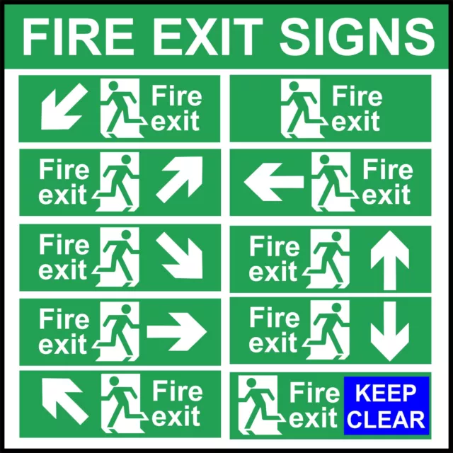 Fire Exit Signs - Green - Vinyl sticker or plastic board - Running Man Arrows