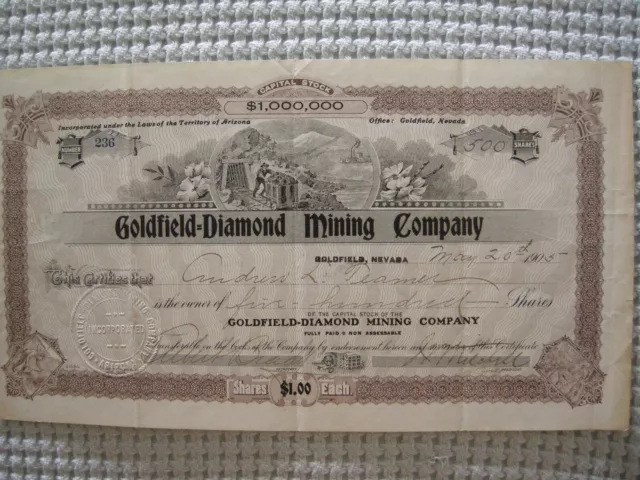 1905 Goldfield Diamond Mining Company Stock Certificate