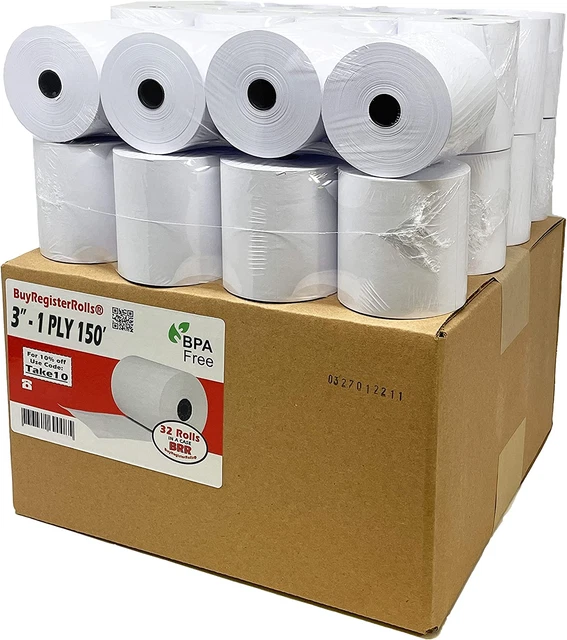 (32 Rolls) 3" X 150' 1 Ply Bond (Non –Thermal Kitchen Printer Paper) POS Receipt
