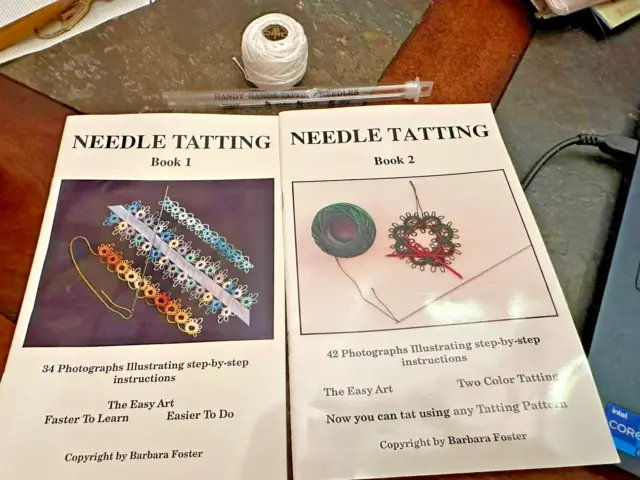 NEEDLE TATTING Book 1 & 2 Photo Illustrating Booklet & Needles / DMC 5 /Threader