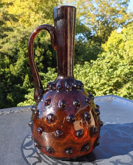 Vintage Empoli Murano Italian Art Glass Amber Brown Sparkle Hobnail Vase