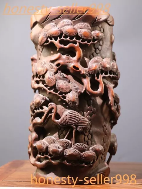 11.4" China Bamboo root wood Hand carved pine crane statue brush pot pencil vase
