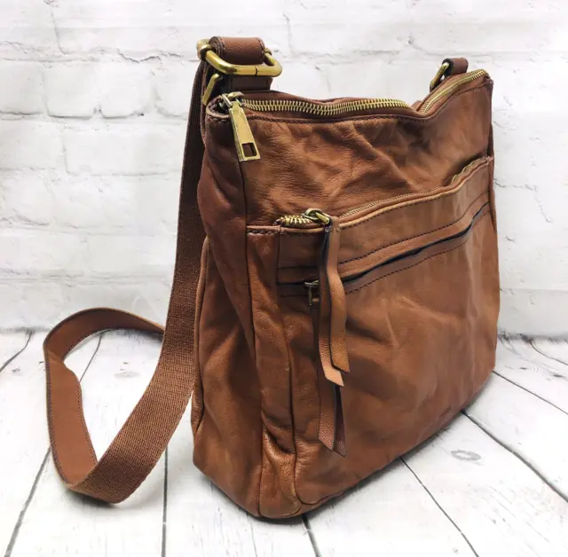 Fossil Women's Brown Leather Adjustable Strap Crossbody Bag Zip Multi Pocket Key