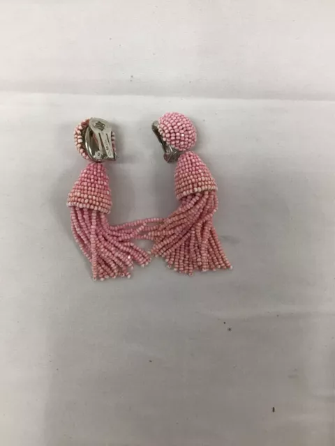 Oscar De La Renta Pink Seed Bead Tassel 3 Inch Clip Earrings