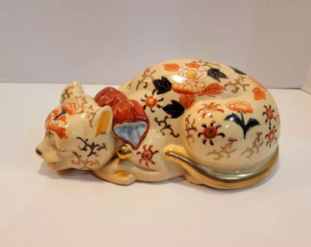 Vintage Porcelain Sleeping Cat Andrea By Sadek Asian Floral Gold Trim Imari