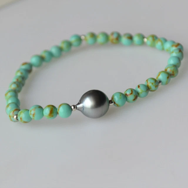 Perle de Tahiti Peacock de 10,55 x 8,90 mm + Perles "Turquoise" - Bracelet
