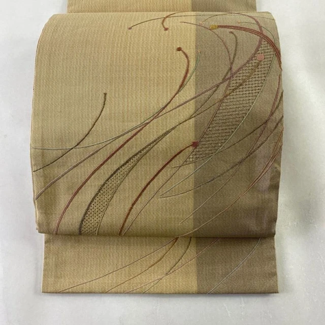 Japanese Kimono Obi belt Pure Silk women Gold thread embroidery beige drums