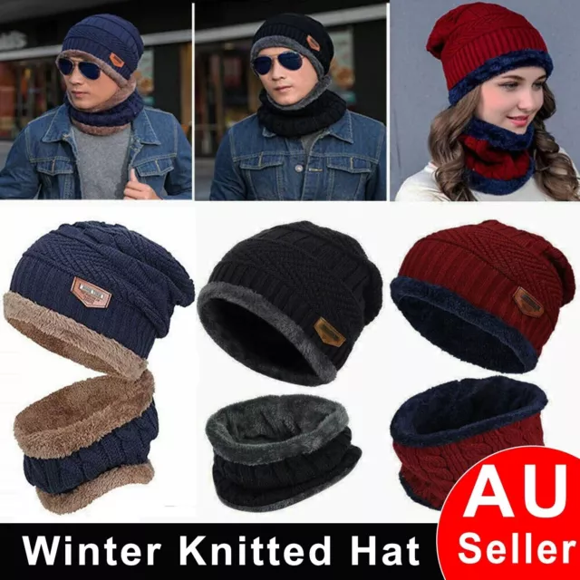 Winter Knitted Hat Men Fur Women Neck Warm Chunky Beanie Fleece Ski Cap AU